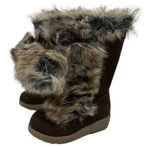 Old Navy Brown Faux Fur Lined Wedge Boots Pom Pom Side Zip Toddler Girls Sz 6 6C
